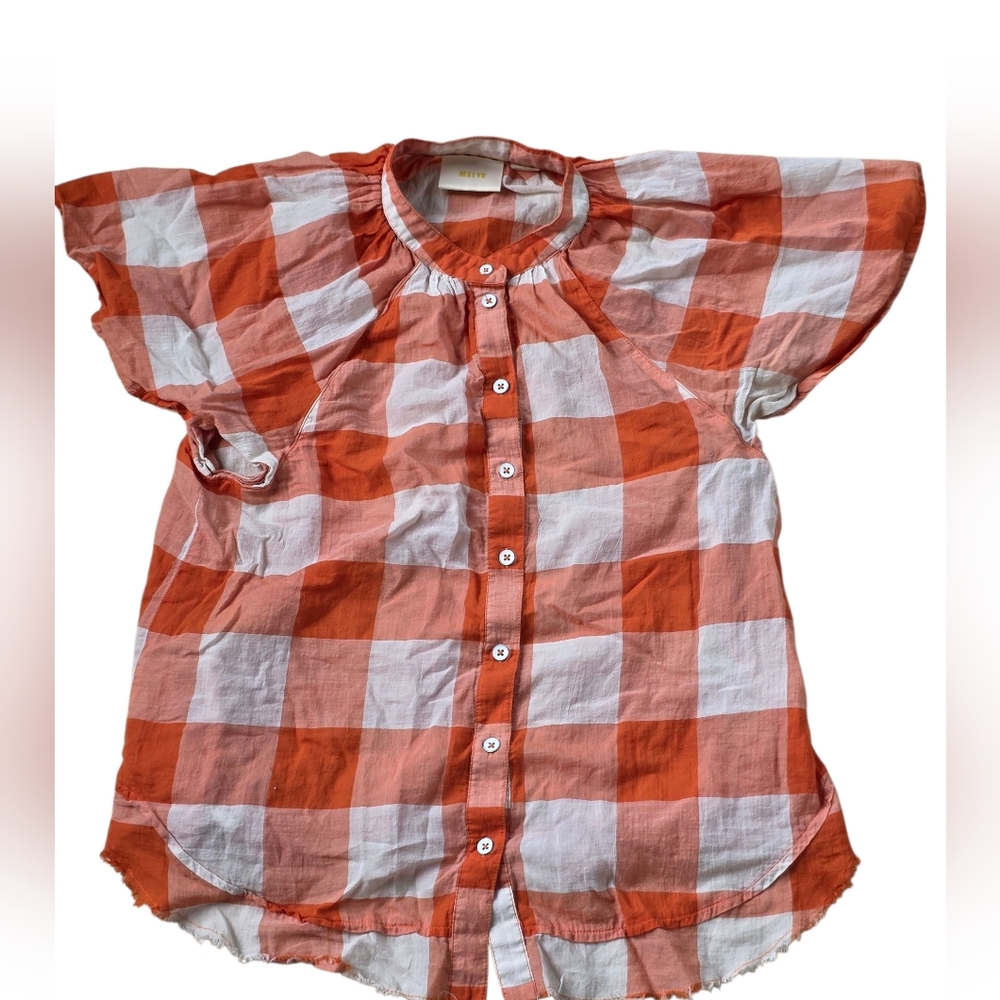 Maeve Anthropologie Plaid Butterfly Sleeve Raw Hem Button Down Top Size S